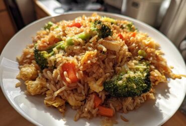 A close-up of a white plate piled high with flavorful Vegetable Fried Rice with Sesame Ginger Sauce, featuring broccoli and carrots.