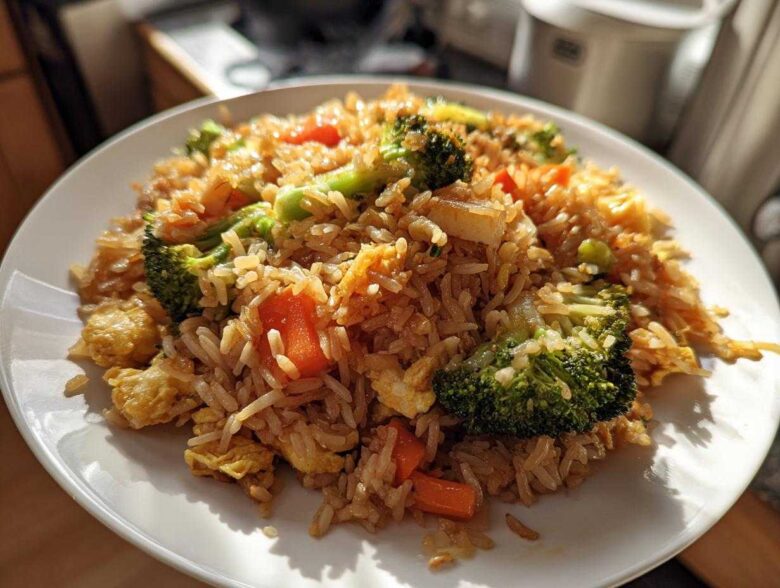 A close-up of a white plate piled high with flavorful Vegetable Fried Rice with Sesame Ginger Sauce, featuring broccoli and carrots.