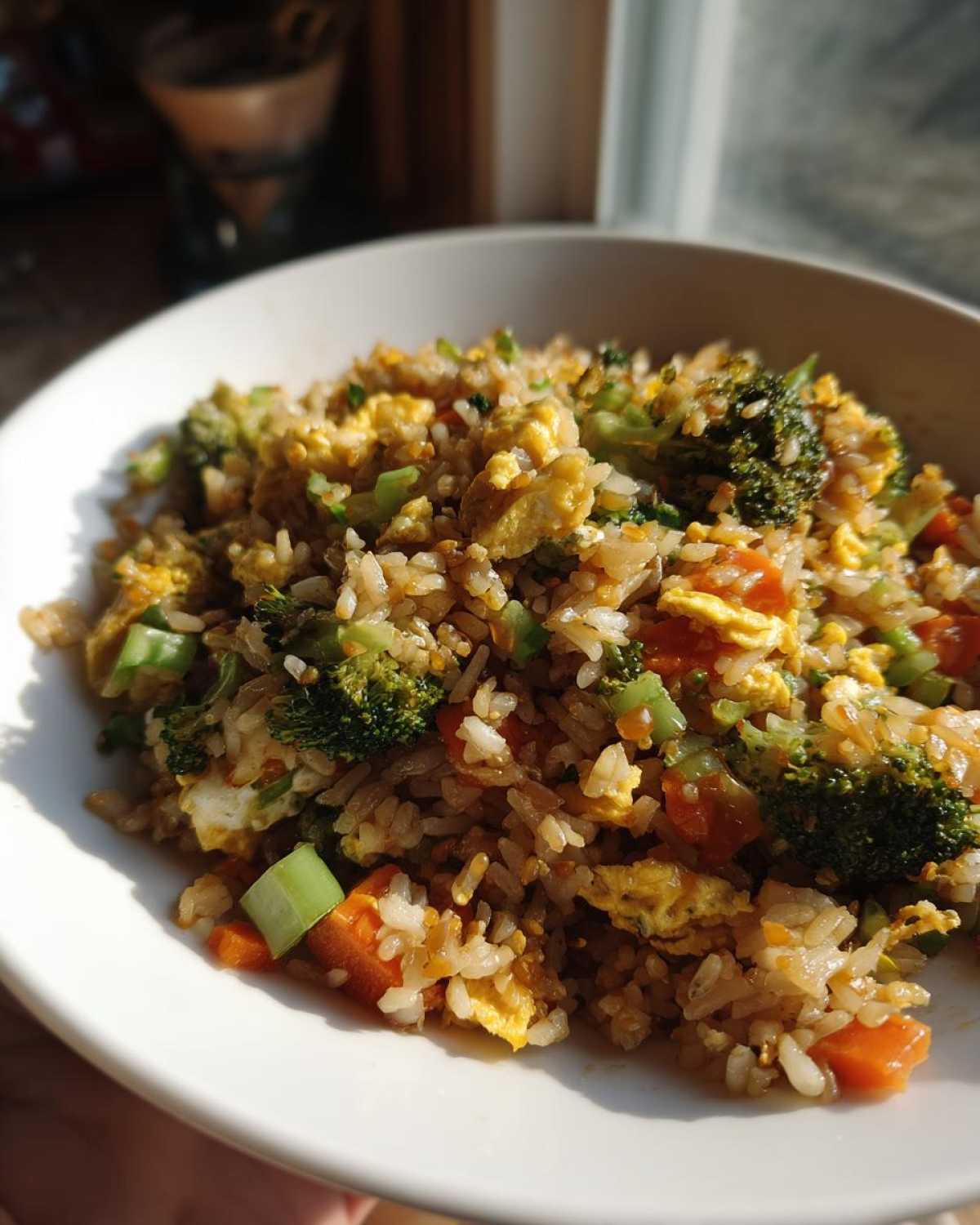 A bowl of vibrant Vegetable Fried Rice with broccoli, carrots, egg, and green onions, ready to eat.