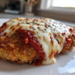 Close-up of a crispy, breaded Air Fryer Chicken Parmesan topped with melted mozzarella and marinara sauce.