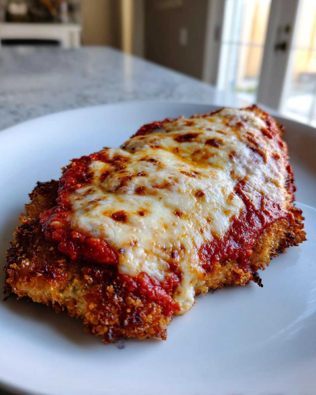 Close-up of a perfectly cooked Air Fryer Chicken Parmesan topped with marinara sauce and melted mozzarella cheese.