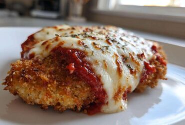 Close-up of a crispy, breaded Air Fryer Chicken Parmesan topped with melted mozzarella and marinara sauce.