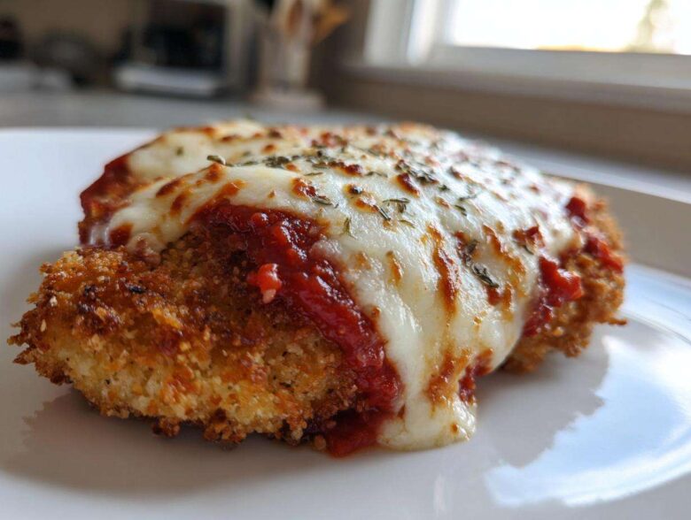 Close-up of a crispy, breaded Air Fryer Chicken Parmesan topped with melted mozzarella and marinara sauce.