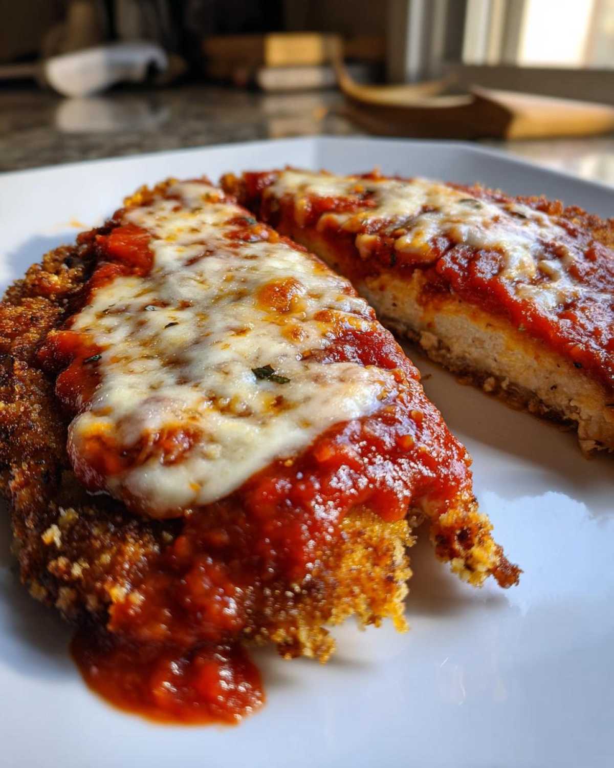 Two slices of crispy Air Fryer Chicken Parmesan topped with melted mozzarella and rich marinara sauce on a white plate.