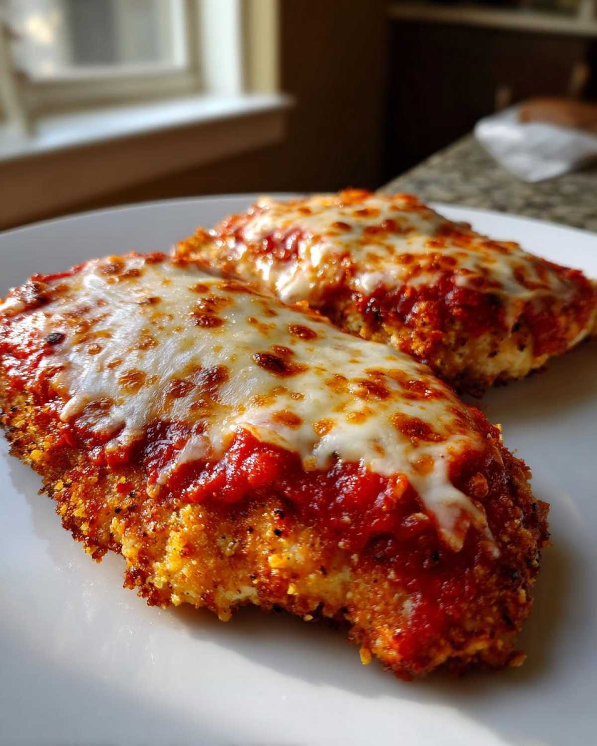 Two golden breaded cutlets of Air Fryer Chicken Parmesan topped with marinara sauce and bubbly melted mozzarella cheese.