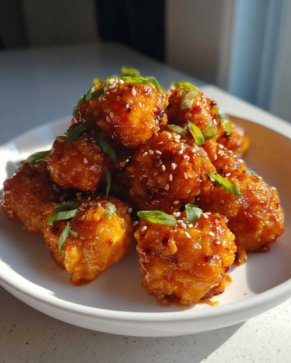 A pile of crispy, glazed Air Fryer Orange Chicken pieces garnished with sesame seeds and sliced green onions.