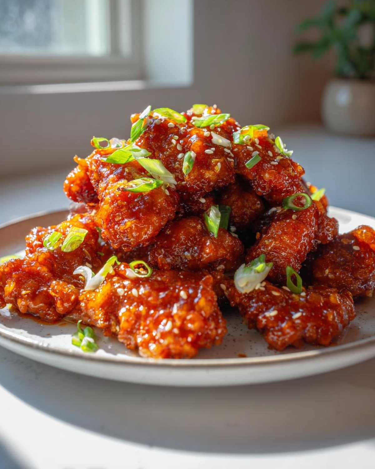 A close-up of crispy Air Fryer Orange Chicken pieces coated in a glossy orange sauce, topped with sesame seeds and green onions.