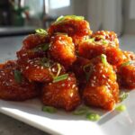 A close-up of crispy, glazed Air Fryer Orange Chicken pieces topped with sesame seeds and green onions.