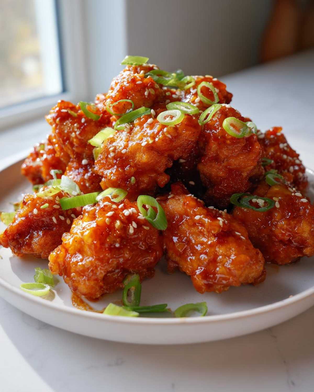 A mound of crispy, glazed Air Fryer Orange Chicken pieces garnished with sesame seeds and sliced green onions.