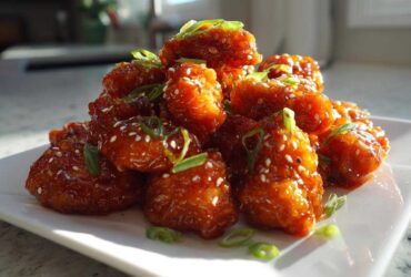 A close-up of crispy, glazed Air Fryer Orange Chicken pieces topped with sesame seeds and green onions.