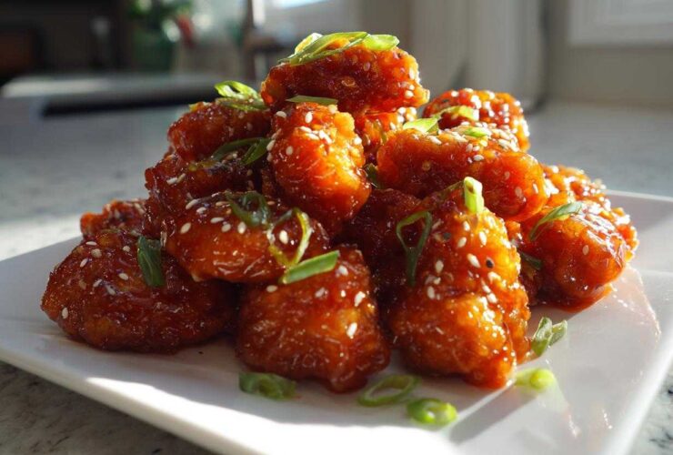 A close-up of crispy, glazed Air Fryer Orange Chicken pieces topped with sesame seeds and green onions.