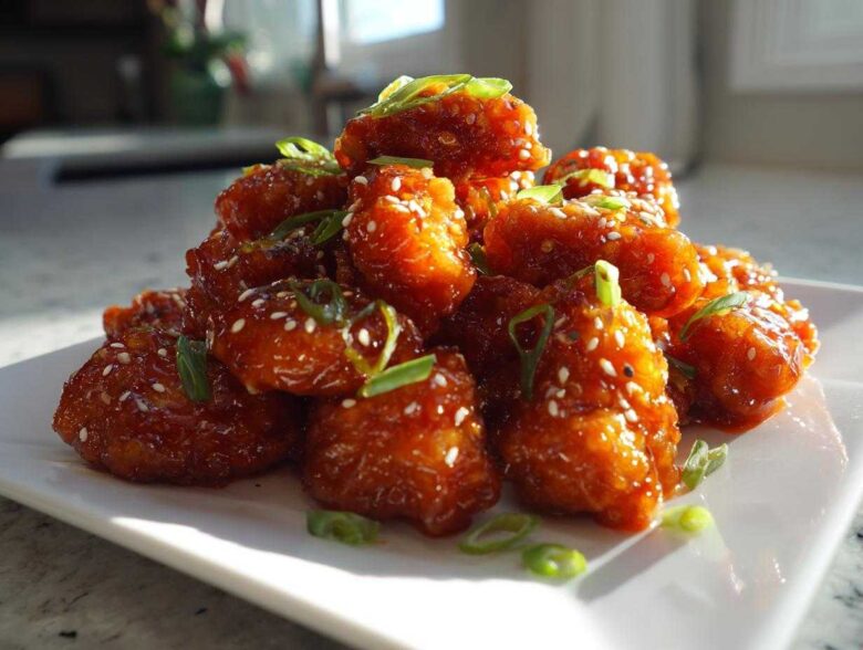 A close-up of crispy, glazed Air Fryer Orange Chicken pieces topped with sesame seeds and green onions.
