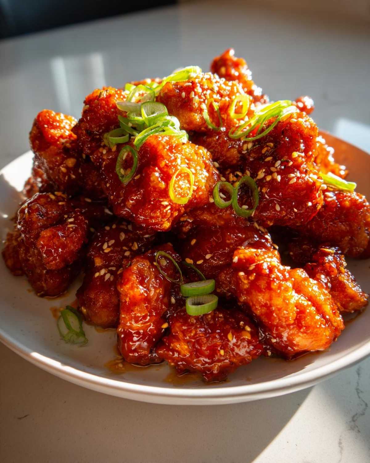 A close-up of crispy Air Fryer Orange Chicken pieces coated in glossy sauce, garnished with sesame seeds and sliced green onions.