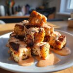 A stack of golden brown Air Fryer Salmon Bites generously drizzled with creamy Bang Bang Sauce on a white plate.