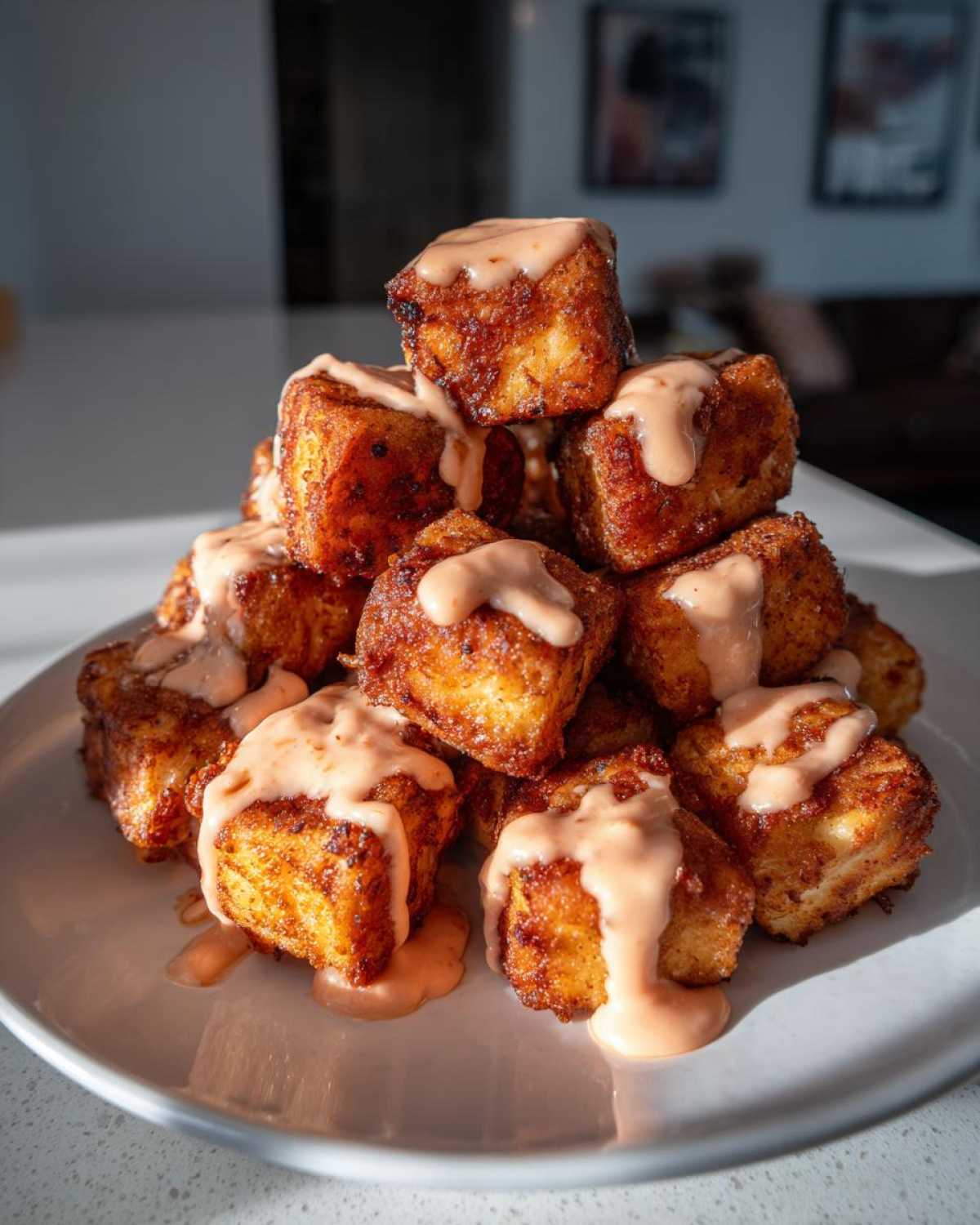 A stack of golden brown Air Fryer Salmon Bites drizzled generously with a creamy Bang Bang Sauce.