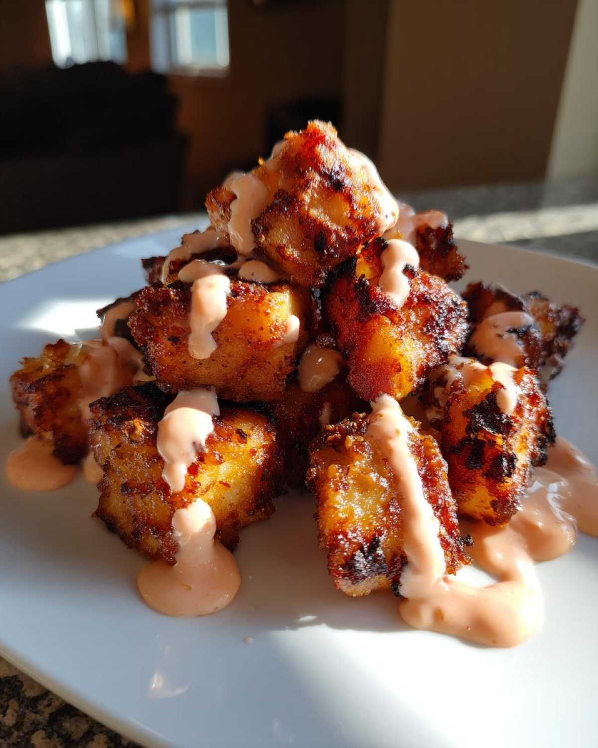 A pile of crispy Air Fryer Salmon Bites drizzled generously with creamy Bang Bang Sauce on a white plate.