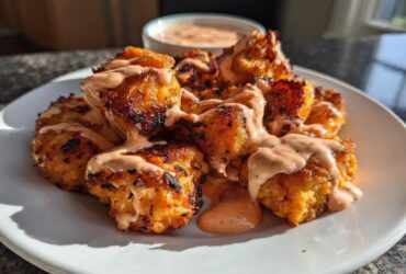 A plate piled high with crispy Air Fryer Salmon Bites generously drizzled with creamy Bang Bang Sauce.