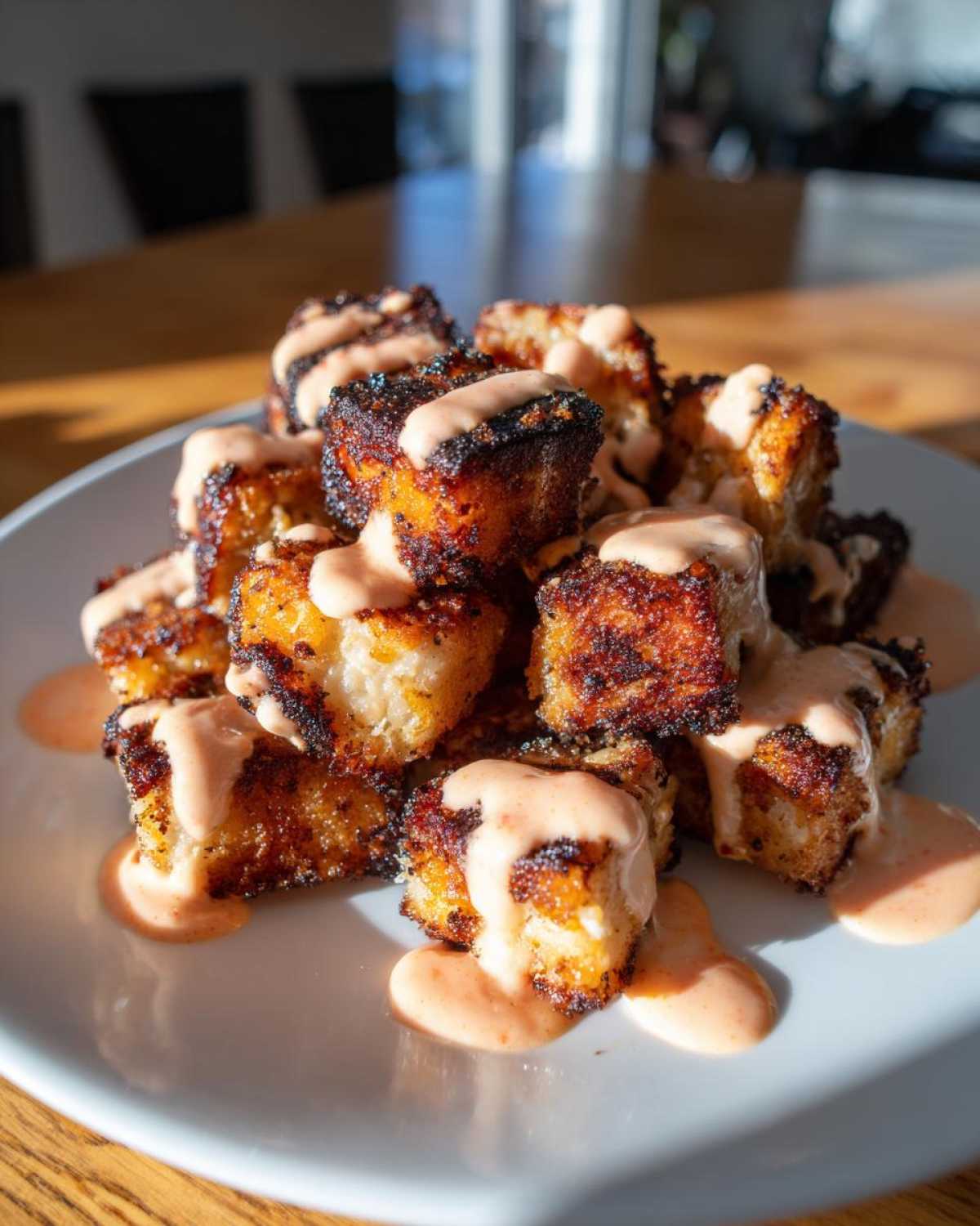 A plate piled high with crispy Air Fryer Salmon Bites drizzled generously with creamy Bang Bang Sauce.