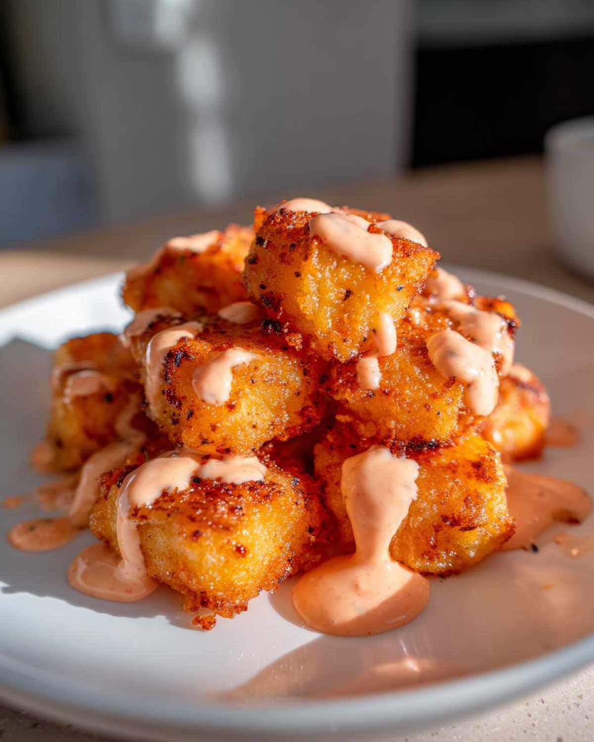 Close-up of golden, crispy Air Fryer Salmon Bites stacked and drizzled generously with creamy Bang Bang Sauce.