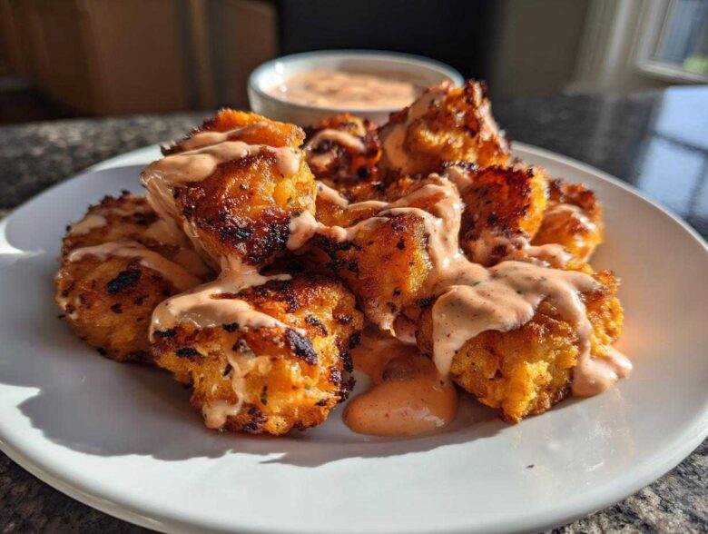 A plate piled high with crispy Air Fryer Salmon Bites generously drizzled with creamy Bang Bang Sauce.