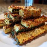 A stack of golden brown, crispy Air Fryer Zucchini Fries with Parmesan piled high on a white plate.