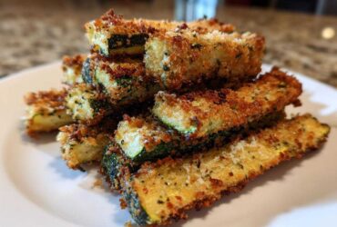 A stack of golden brown, crispy Air Fryer Zucchini Fries with Parmesan piled high on a white plate.