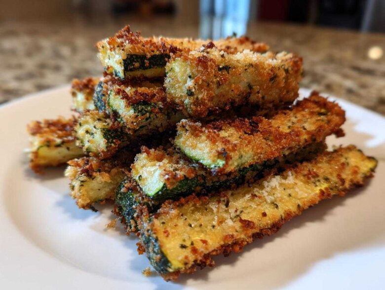 A stack of golden brown, crispy Air Fryer Zucchini Fries with Parmesan piled high on a white plate.