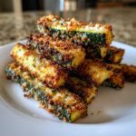 A close-up stack of golden brown, crispy Air Fryer Zucchini Fries with Parmesan on a white plate.