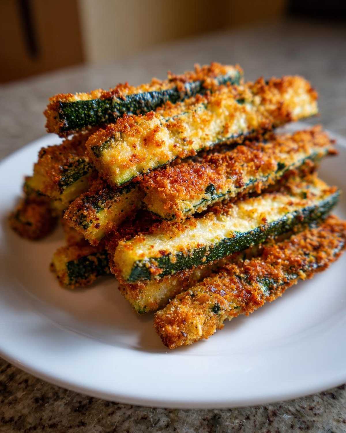 A stack of crispy, golden Air Fryer Zucchini Fries with Parmesan piled on a white plate.
