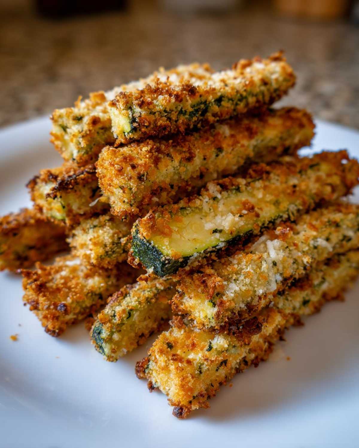 A stack of crispy, golden Air Fryer Zucchini Fries with Parmesan piled high on a white plate.