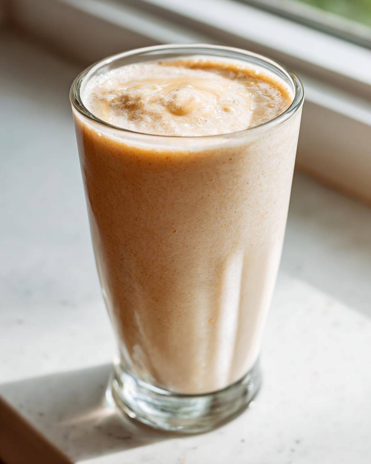 A tall glass filled with a thick, creamy Banana Peanut Butter Smoothie resting on a light surface near a window.