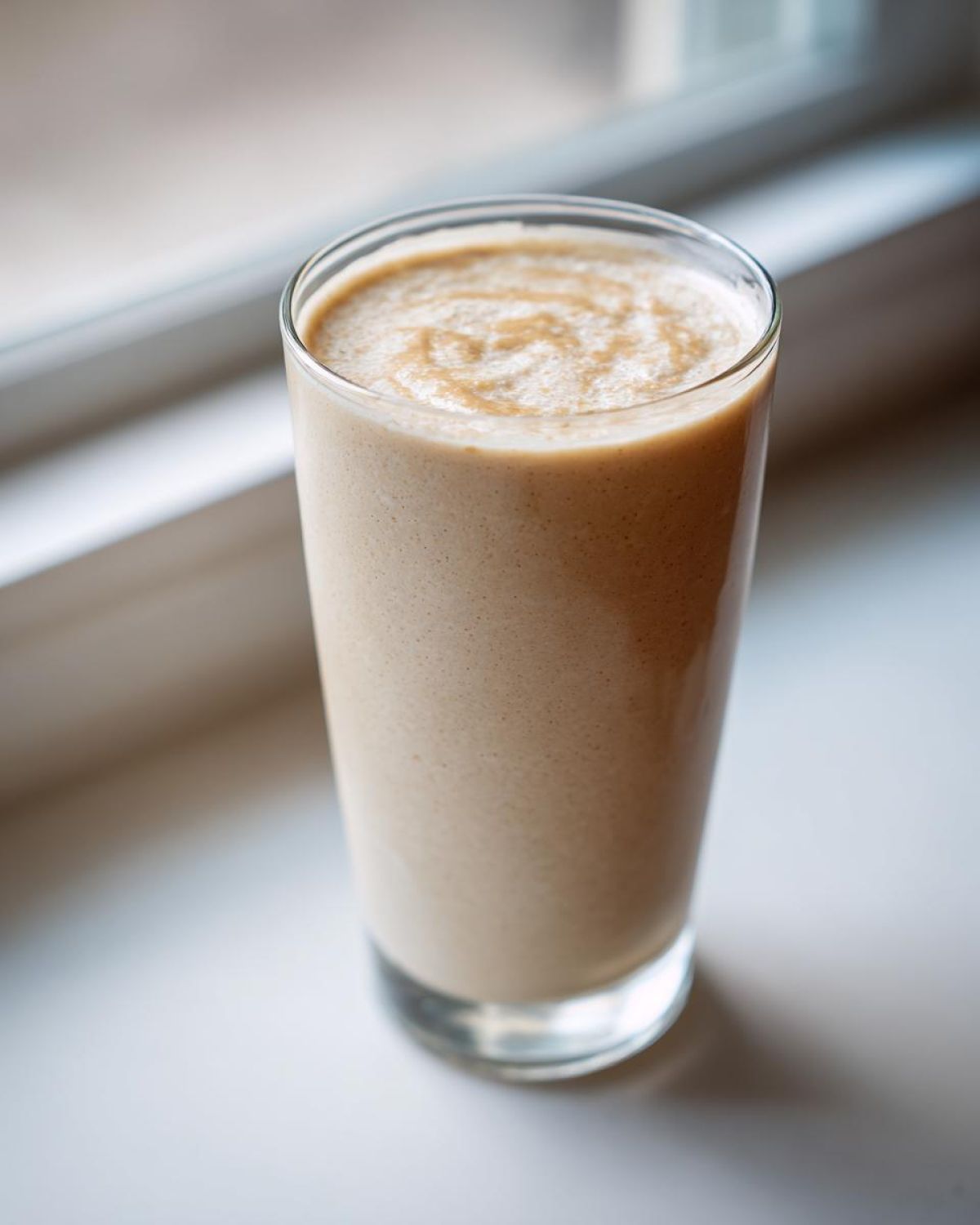 A tall glass filled with a thick, creamy Banana Peanut Butter Smoothie sitting on a bright windowsill.
