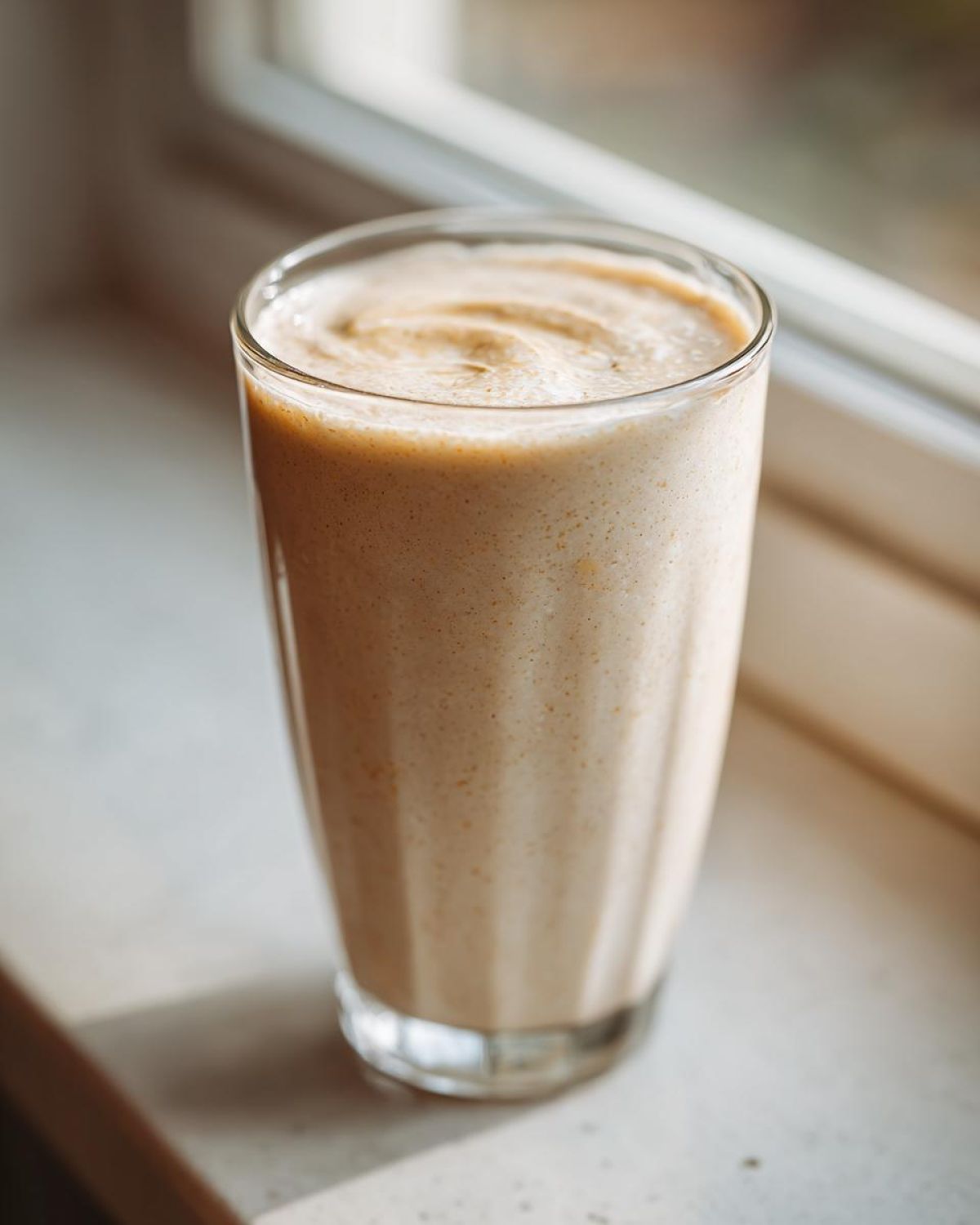 A tall glass filled with a thick, creamy Banana Peanut Butter Smoothie sitting on a light windowsill.