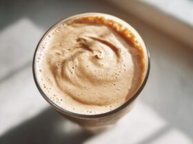Overhead close-up of the thick, creamy, frothy top of a Banana Peanut Butter Smoothie in a glass.