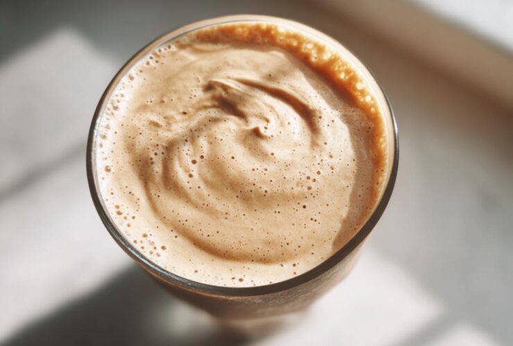 Overhead close-up of the thick, creamy, frothy top of a Banana Peanut Butter Smoothie in a glass.
