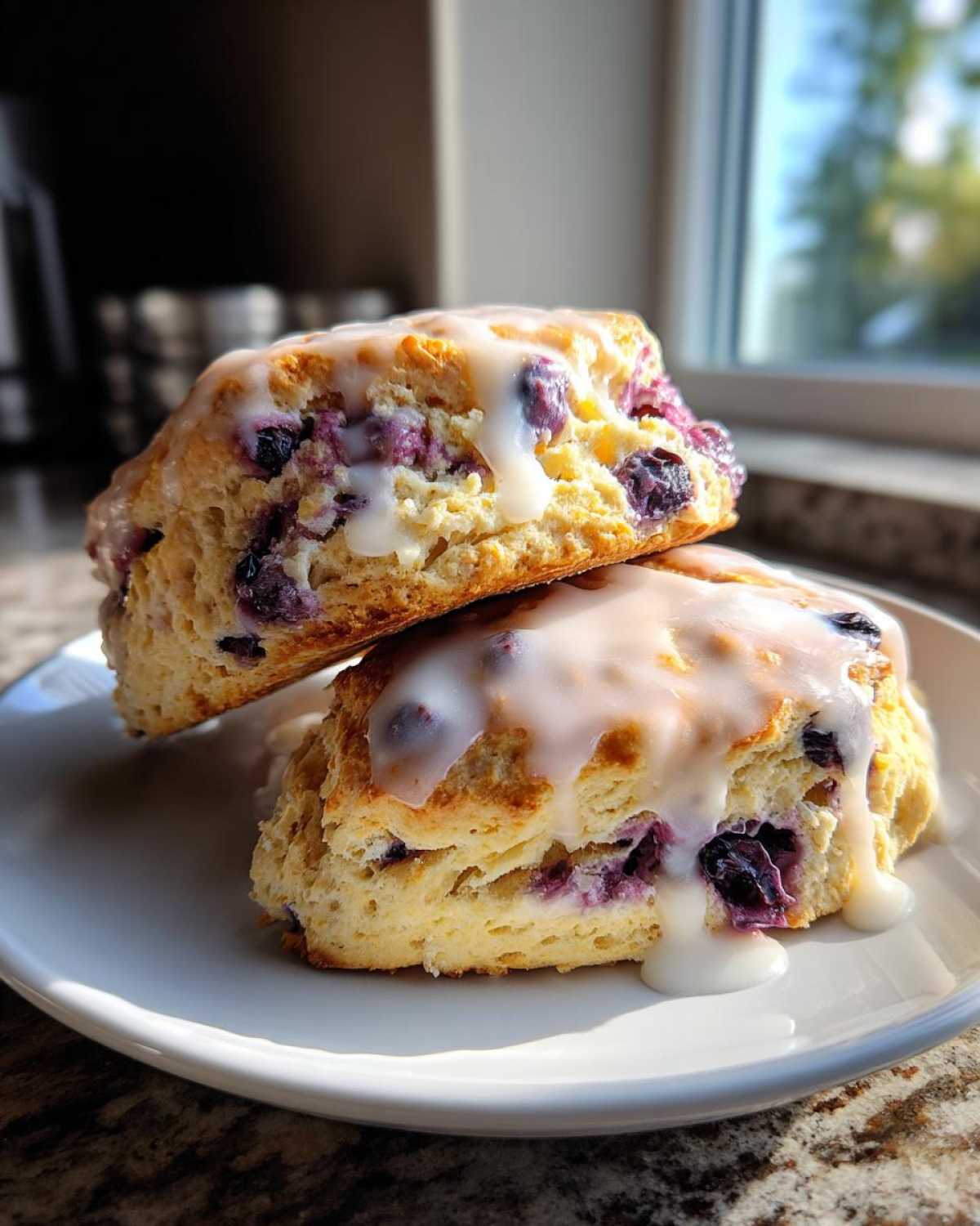 Two freshly baked Blueberry Lemon Scones stacked, topped with a thick, dripping lemon glaze.