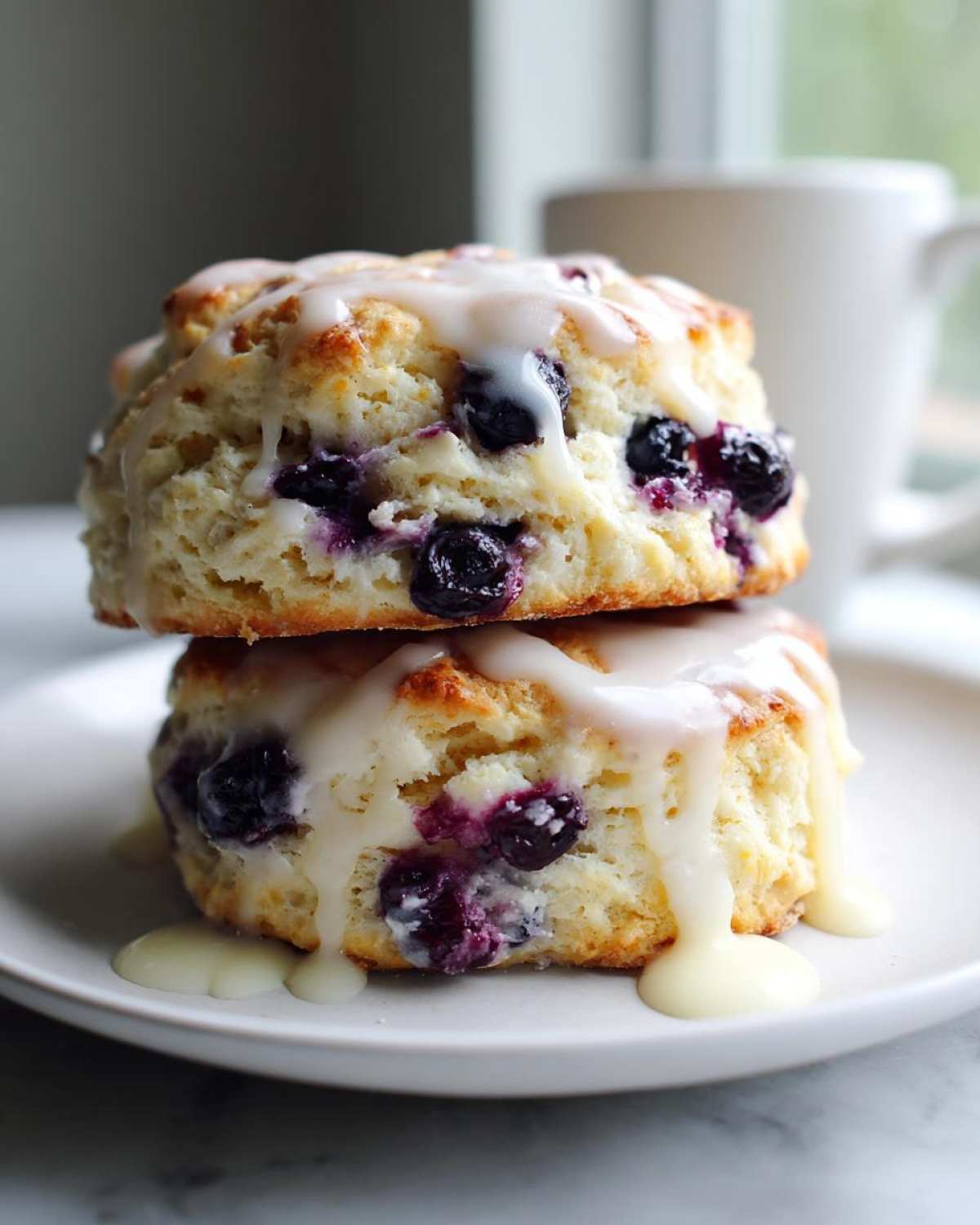 Two stacked Blueberry Lemon Scones topped with a thick, dripping lemon glaze, served on a light plate.