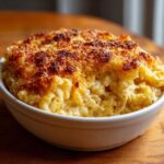 Close-up of Cheesy Baked Mac and Cheese with Crispy Top, showing gooey pasta and a golden-brown crust.