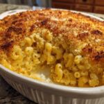 Close-up of Cheesy Baked Mac and Cheese with a golden, crispy breadcrumb top, served in a white oval baking dish.