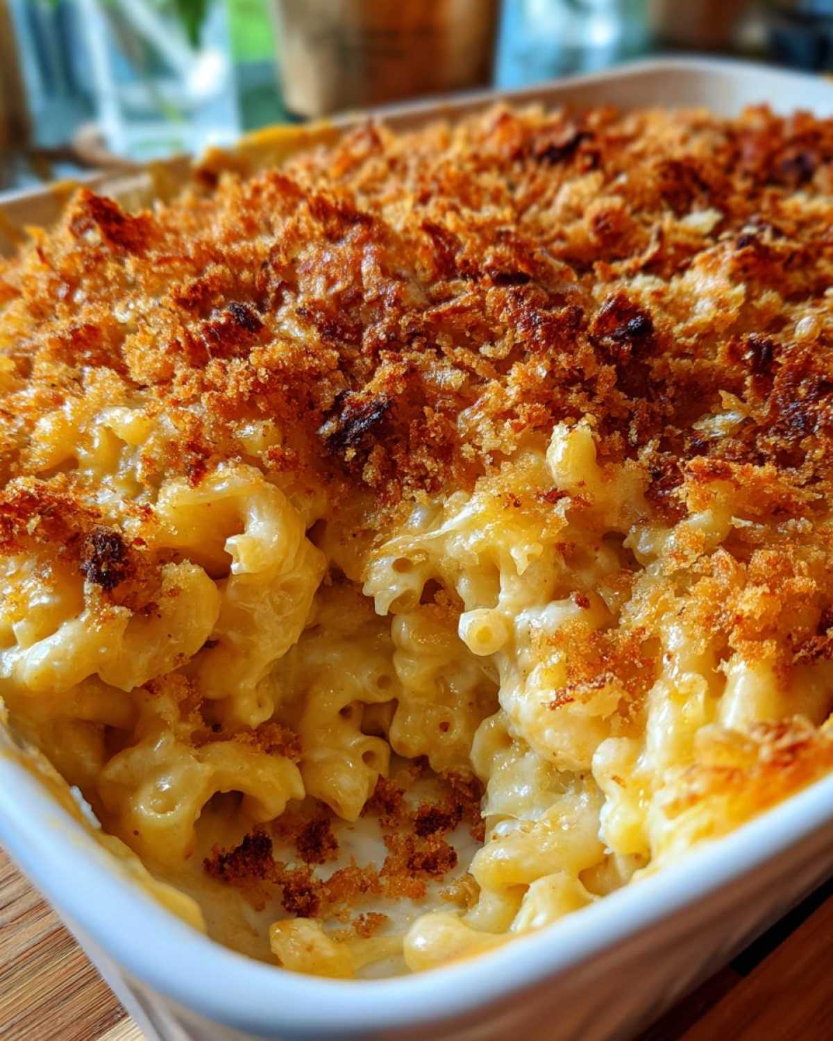 A close-up of creamy Cheesy Baked Mac and Cheese with a golden, crispy breadcrumb topping.