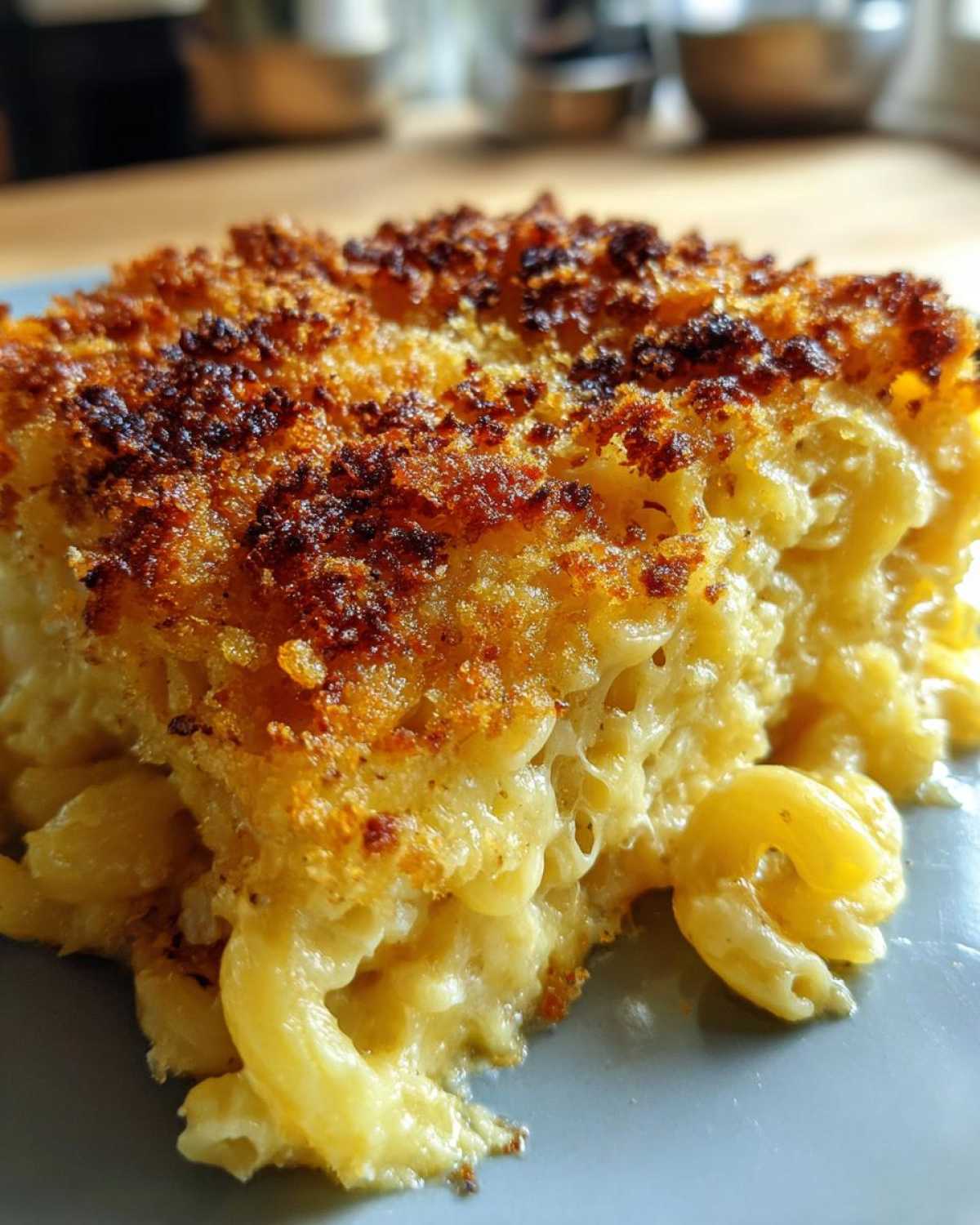 Close-up of a serving of Cheesy Baked Mac and Cheese showing creamy interior and a dark, crispy top.