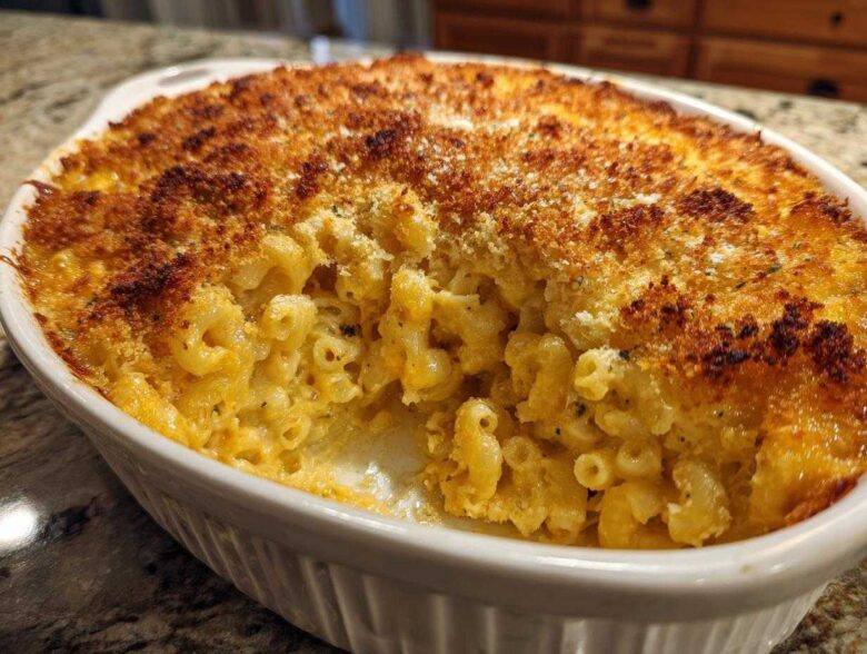 Close-up of Cheesy Baked Mac and Cheese with a golden, crispy breadcrumb top, served in a white oval baking dish.
