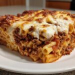 A generous slice of Cheesy Baked Ziti with Ground Beef and Sauce, featuring melted mozzarella topping and rich meat sauce.