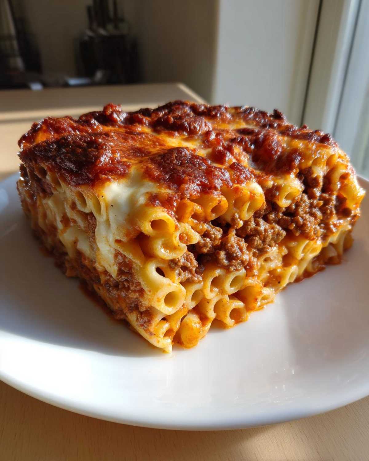 A thick, square slice of Cheesy Baked Ziti with Ground Beef and Sauce, showing layers of pasta, meat sauce, and melted cheese.