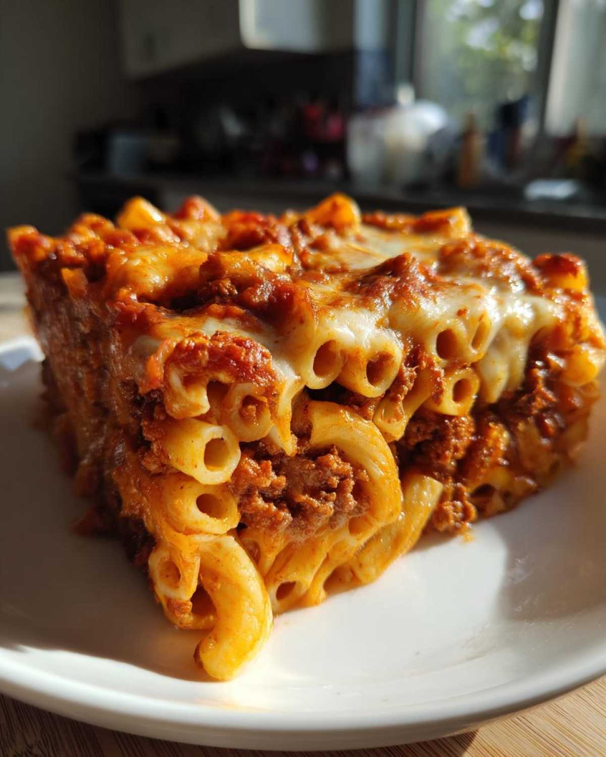 A close-up shot of a hearty slice of Cheesy Baked Ziti with Ground Beef and Sauce, showing melted cheese on top.