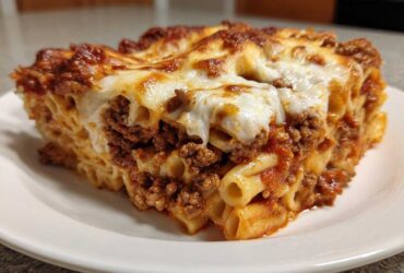 A generous slice of Cheesy Baked Ziti with Ground Beef and Sauce, featuring melted mozzarella topping and rich meat sauce.