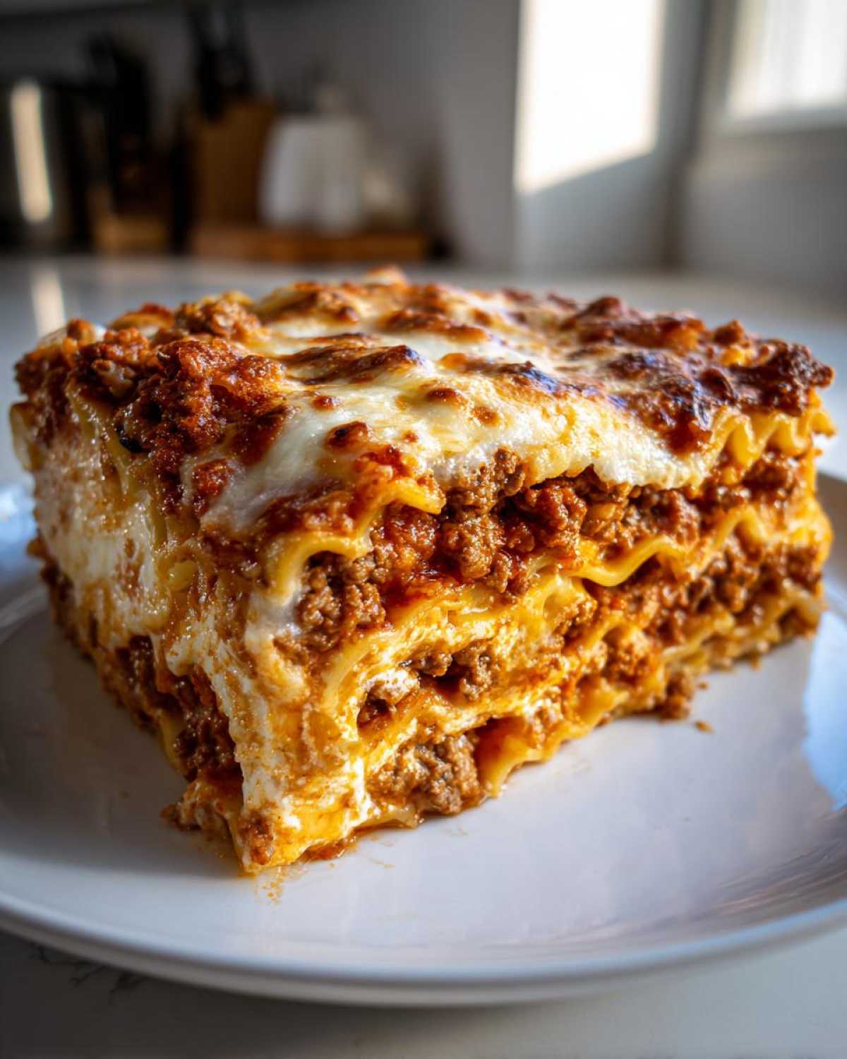 A thick, layered slice of Cheesy Baked Ziti with Ground Beef and Sauce, featuring rich meat sauce and melted cheese.