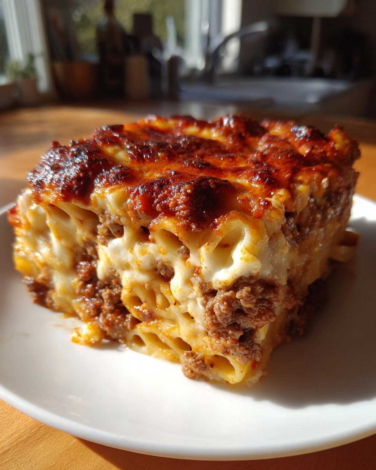 Close-up of a square serving of Cheesy Baked Ziti with Ground Beef and Sauce, featuring a deeply browned, bubbly cheese top.