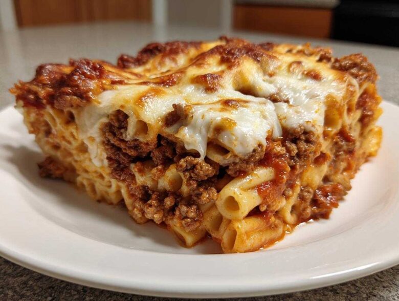 A generous slice of Cheesy Baked Ziti with Ground Beef and Sauce, featuring melted mozzarella topping and rich meat sauce.