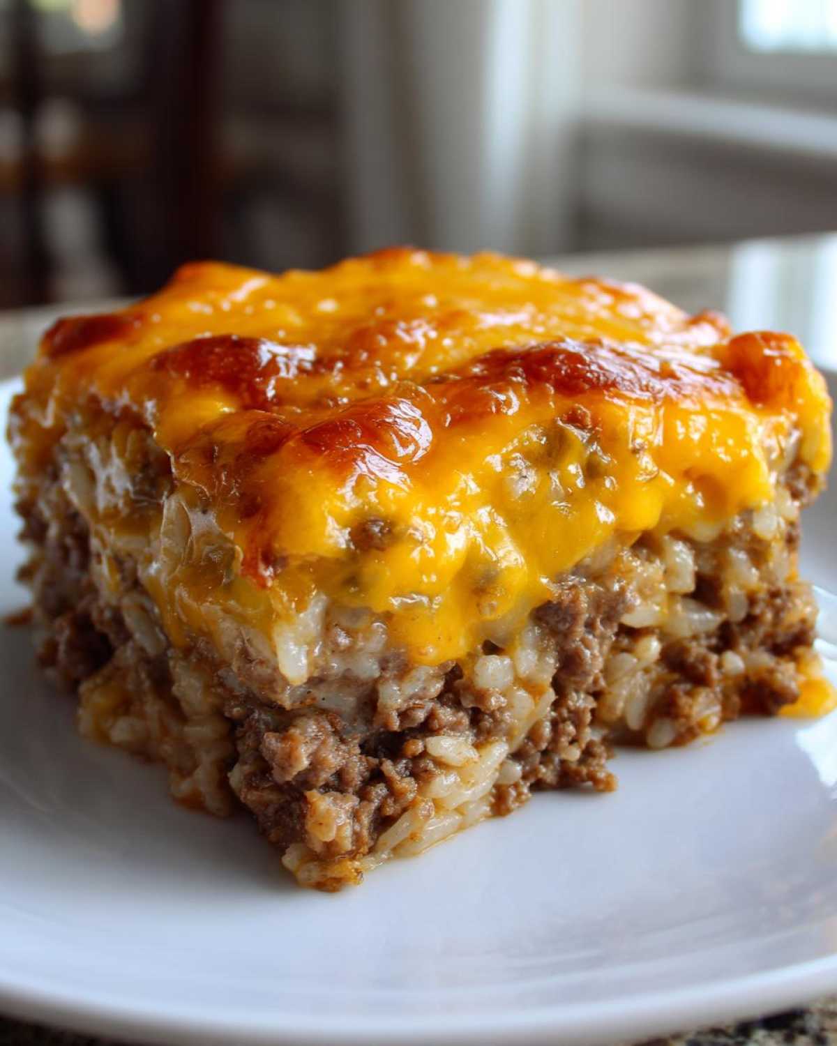 A square serving of Cheesy Beef and Rice Casserole Comfort Dish topped with melted, bubbly cheddar cheese.